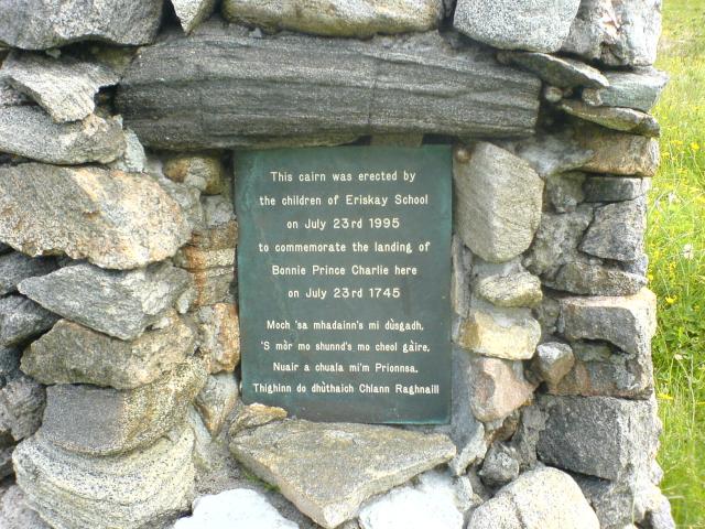 Plaque on Eriskay in the Outer Hebrides marking the spot where Prince Charles first came ashore in Britain